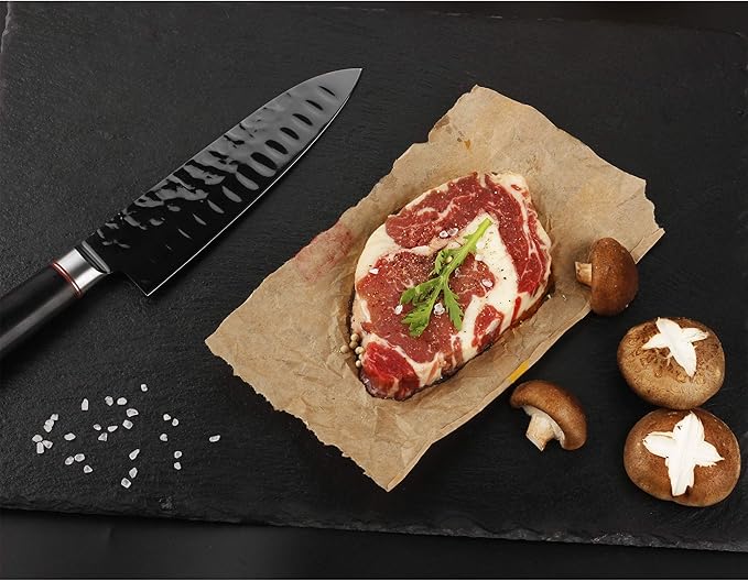 YOUSUNLONG Santoku Knife - 7 Inch Kitchen Knife Chef Knife -Japanese AUS8 Black Titanium Nitride Coated Steel - Natural Leadwood Handle