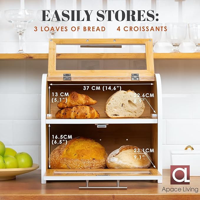 Arise Stylish Bamboo Bread Box for Kitchen Countertop, Extra Large 2-Shelf Wooden Bread Storage Container with Clear Windows and Air Vents Keep Bread, Bagels and Rolls Fresh, Self Assembly