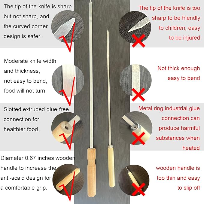 10 Pcs Kabob Skewers, 16IN Metal Skewers for Grilling, Premium Stainless Steel Flat Kebabs, with Wooden Handles Insulated Reusable BBQ Set