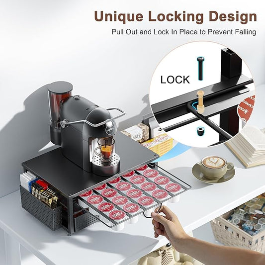 K Cup Holder, Coffee Pod Holder with 2 Tier Sliding Storage Drawer and 1 Hanging Basket for 51 Large or 73 Small Capsule,K Cup Coffee Station Organizer Accessories for Counter,Home,Office,Kitchen