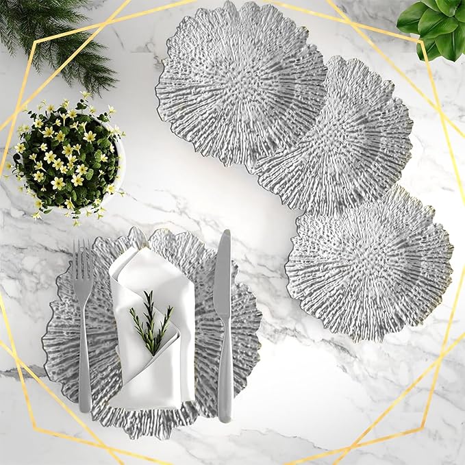 100 PCS Silver Charger Plates, 13" Vintage Decorative Table Plate, Ruffled Rim Plastic Reusable Dinner Charger Plates, for Wedding, Party, Table Setting