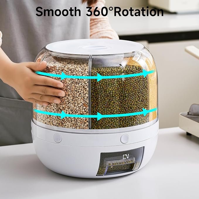 Rice Dispenser | 360° Rotating Grain Storage Bin - 6 Grids, 20LBS Large Capacity Food Container, Moisture-Proof, One-Click Output for Rice, Beans & Pet Food - Kitchen Pantry Organizer