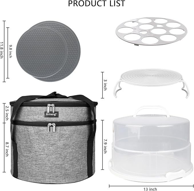 12 Inch Cake Carrier with Lid & Handle BPA-Free Cake Transport Container, Includes Insulated Bag, Cupcake & Pie Holders for Secure Dessert Delivery (Fits 7" Tall Cakes) (Grey)