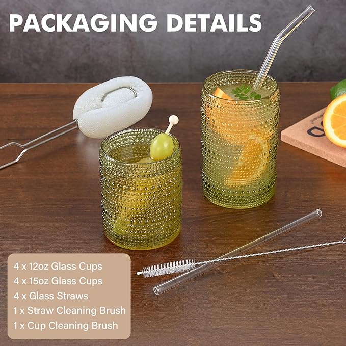 Vintage Hobnail Drinking Glasses Set of 8,Green 12 oz & 15oz Highball Glass Cups, Kitchen Drinkware Glassware,Embossed Water Tumbler,for Beer,Cocktail,Whiskey,Juice and Various Mixed Drinks