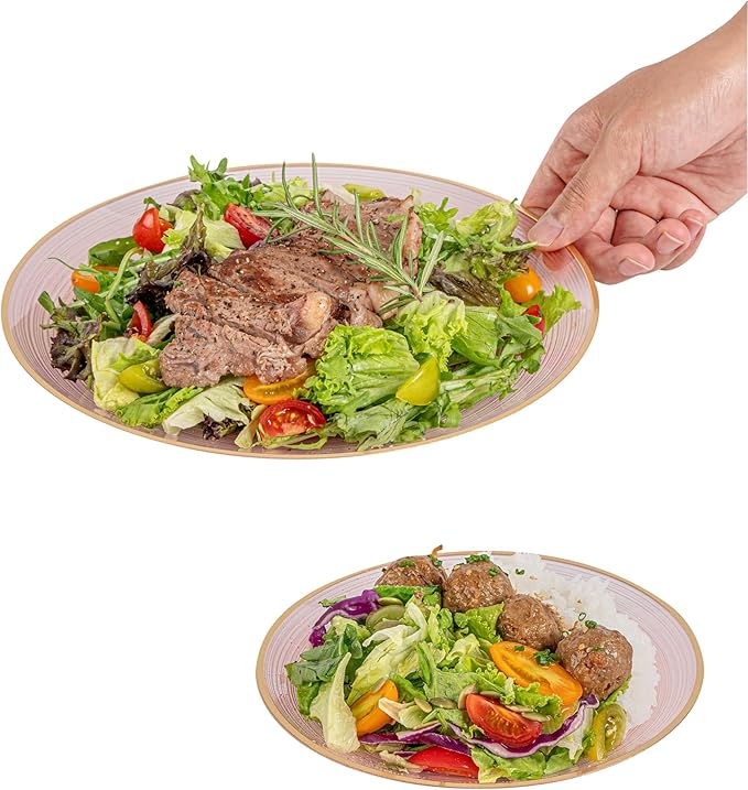 Restaurantware Plastic Plates 40 Pcs 7.13" and 10" Combo Gold Rimmed Plate Set Disposable Heavy-Duty Pink Translucent Rippled Plastic Dinner Servers for Party, Weddings, Salads, Desserts