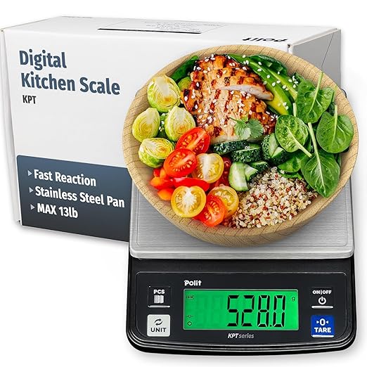 Polit Digital Kitchen Scale KPT 13lb/6kg|0.5g/0.02oz Precision Food Scale with LCD Display|Stainless Steel Top|Battery or Plug-in|Grams & Ounces Baking Scale for Cooking, Counting, and Measuring
