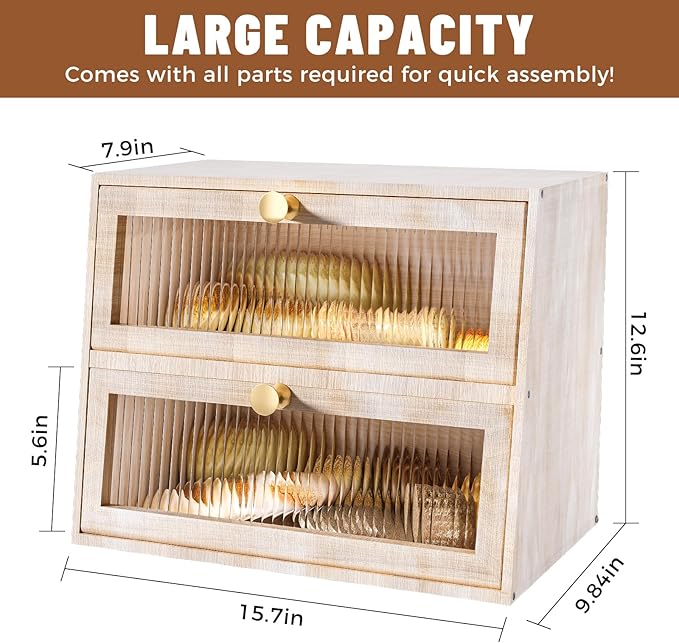 Vintage Double Layer Bread Box for Kitchen Countertop,Large White Bread Boxes Wooden Breadbox Bread Storage Container Bin Bread Holder(Vintage White)