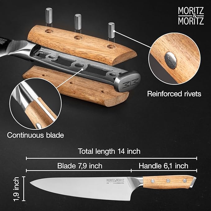 Moritz & Moritz 8-Inch Chefβs Knife, German Stainless Steel Kitchen Knife with Acacia Wood Handle, Professional All-Purpose knives for Slicing, Chopping & Dicing, Razor Sharp & Ergonomic