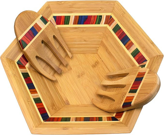 Totally Bamboo Baltique Marrakesh Collection 14" Salad Serving Bowl with Salad Hands, Bamboo and Colored Birch Wood