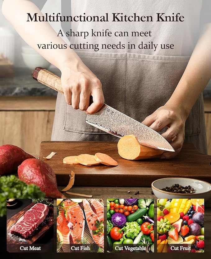 HEZHEN Tricolor Copper Damascus Chef Knife,8.3 Inch Japanese Damascus Knife, 37 Layers Damascus Steel Chef Knife-Razor Sharp,Sycamore Wood Handle
