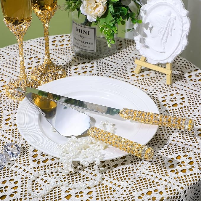 4-Piece Wedding Cake Knife and Champagne Flutes Set, Crystal Rhinestone Glasses and Cake Cutting Server for Bride and Groom Wedding Reception or Anniversary (Gold, Elegant Design) (Gold)