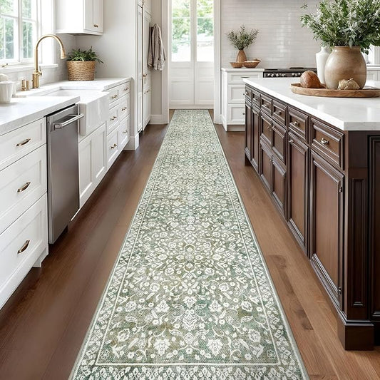 Vintage 2.6x16 Hallway Runner, Sage Green Beige Washable Non-Slip Long Hallway Carpet, Super Soft Kitchen Runner, Print Faux Wool Floral Thin Carpet for Entryway
