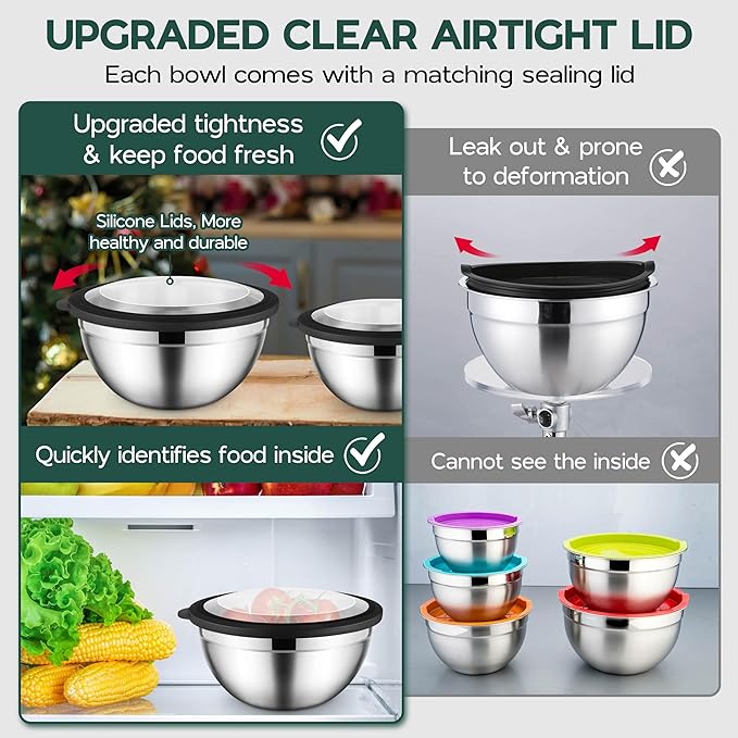 Onader Stainless Steel Mixing Bowls with Black Lids, Metal Nesting Mixing Bowl Set of 5 - Size 1.5, 2, 2.6, 3.5, 4.6QT