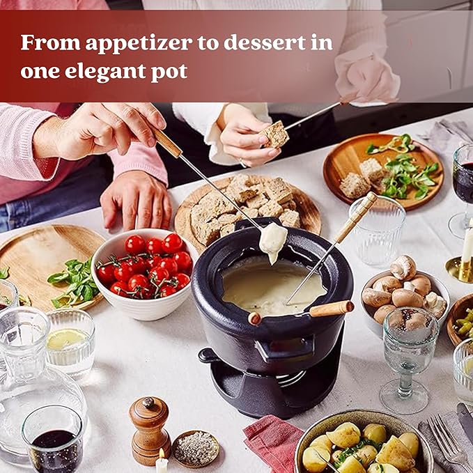 Alva Nori 2 Qt Cast Iron Fondue Set – Enameled, PFAS-Free Pot with Adjustable Burner & 8 Forks – For Cheese, Chocolate, Broth & Meat – Non-Toxic, Scratch-Resistant & Elegant Black Finish