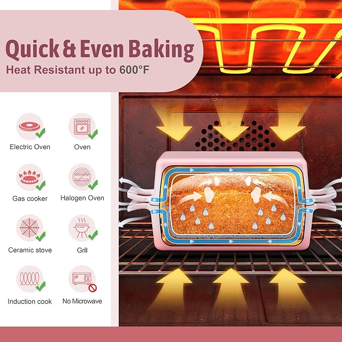 P&P CHEF 2 In 1 Enameled Cast Iron Loaf Pan with Lid, 9 x 5 Inch Bread Loaf Pans for Baking Homemade Sourdough Bread, Meatloaf, Toast, Cake, Nonstick & Healthy & Sturdy, 2 Piece Set - Pink
