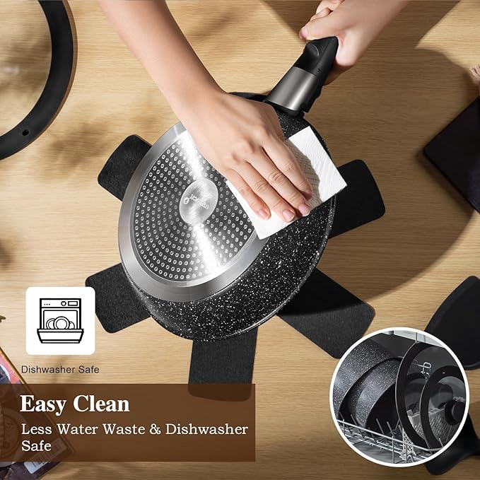 20 Pcs Pots and Pans Set Non Stick, Stackable Cookware Sets with Detachable Handle, Granite Induction RV Kitchen Portable Cooking Set Removable Handles, Dishwasher & Oven Safe, Black