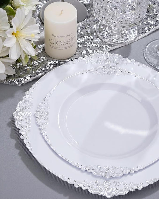 Nervure 350PCS Silver Plastic Plates - Silver Plastic Dinnerware Sets for 50 Guests - 100 Disposable Plates, 150 Silverware, 50 Cups, 50 Napkins for Wedding & Party