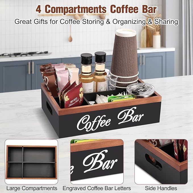 Wooden Coffee Organizer Holder with Divided Sections & Cutout Handle, Farmhouse Coffee Bar Organizer for Pods, Cups, Lids, Syrups, Stirrers & Accessories – Ideal Gift for Home or Office