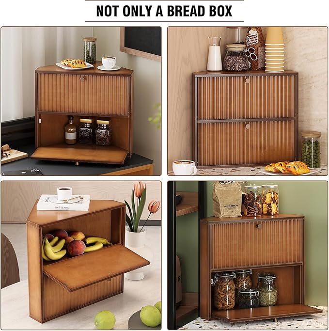 Corner Bread Box for Kitchen Countertop Bamboo Two Layer Large Capacity Bread Storage Bin Vintage Storage for Homemade Bread (Brown)