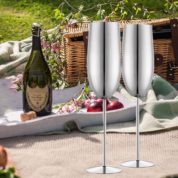 Champagne Glasses Set of 2 Stainless Steel Champagne Flutes Wedding Gifts for Bride 8.5 oz Unbreakable Champagne Glasses for Party Wedding Christmas Anniversary Brithday