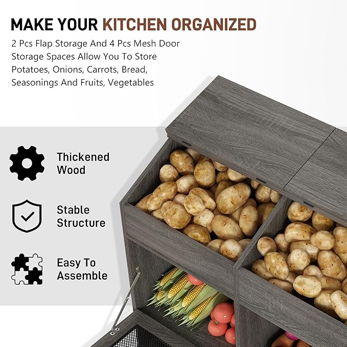 Large Wood Veggie Bin for Potato,Bread,Onion With 6 Large Storage Space. Root Vegetable Storage Box For Kitchen, Farmhouse Wood Potato Box With 4 Mesh Doors,32 * 12.4 * 36IN(Grey)