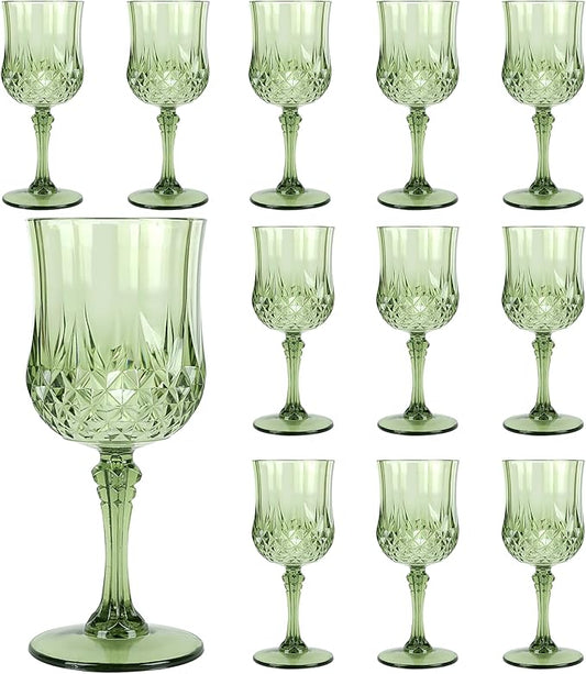 Plastic Wine Glasses,Plastic Goblets Vintage Style Cordial Drinking Glasses for Wedding Reception, Grand Event Party Supplies (12, New Green)
