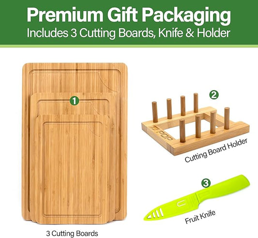 Bamboo Cutting Board For Kitchen, Bamboo Cutting Board Set of 3 with Juice Groove, Double-Sided Chopping Board Serving Board for Meat, Vegetables and Cheese