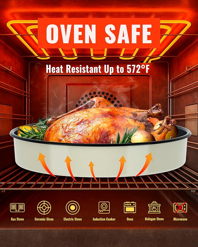 Enamel Round Baking Pans Set Roasting Dish 4-Pack 9/10/12/14 Inch Non Stick Large Cookware for Cake Bread Pie Pizza Turkey Steak, Non-Toxic Carbon Steel Oven Dishwasher Safe Thanksgiving Bakeware