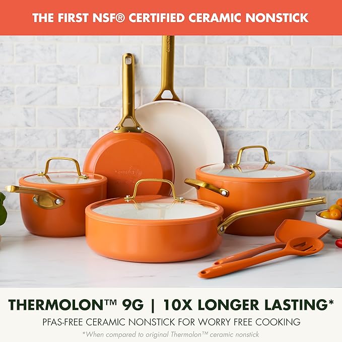 GreenPan Nonstick Reserve Pro 10 Piece Cookware Set, NSF Certified Ceramic, Hard Anodized PFAS-Free Pots & Pans Set with Lids, Stainless Steel Handles, Oven & Dishwasher Safe, Harvest Orange