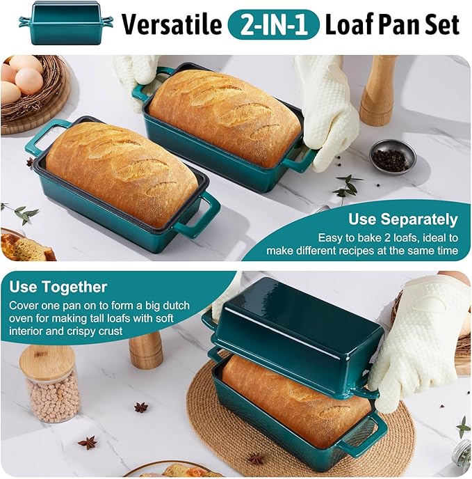 P&P CHEF 2 In 1 Enameled Cast Iron Loaf Pan with Lid, 9 x 5 Inch Bread Loaf Pans for Baking Homemade Sourdough Bread, Meatloaf, Toast, Cake, Nonstick & Healthy & Sturdy, 2 Piece Set - Dark Green