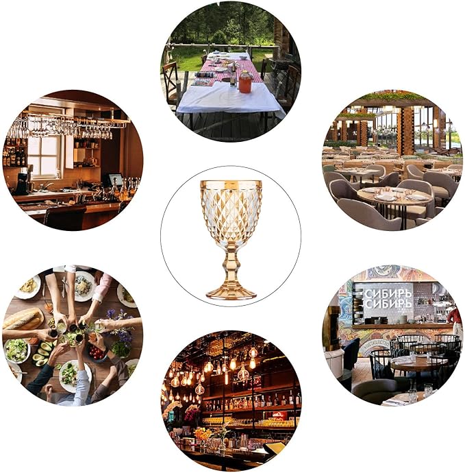 12 Pcs Vintage Wine Glasses, 10 Ounce Colored Glass Water Goblets, Unique Embossed Pattern High Clear Stemmed Glassware Wedding Party Bar Glass Drinking Cups, Diamond Amber Glasses Set of 12