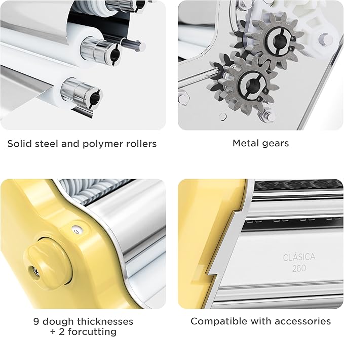 PASTALINDA Classic 260 Pasta Maker Machine, 26 cm Wide Rollers, 9 Thickness Positions, 2 Cutting Positions, Stainless Steel. Includes Reinforced Hand Crank And Two Clamps (Yellow)