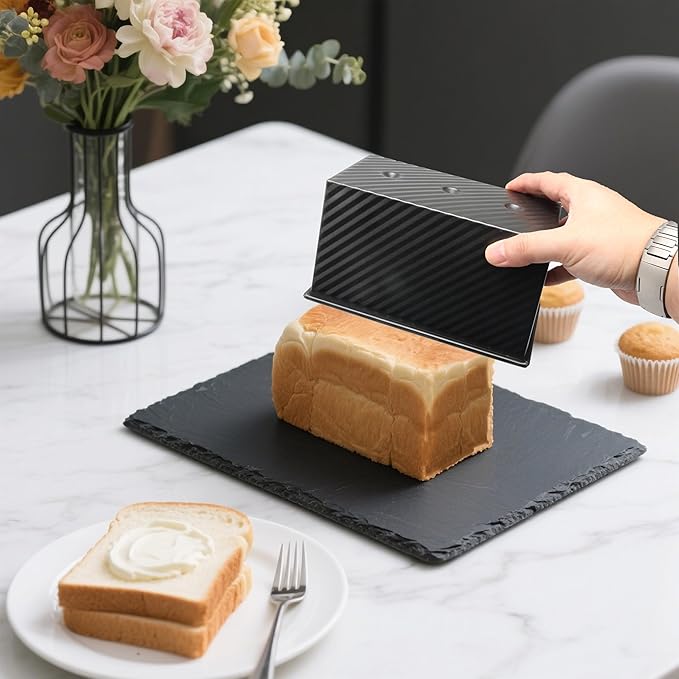pullman loaf pan with lid - bread pans for homemade bread - 1Lb Non-Stick loaf baking pans - Carbon Steel Toast Box with Oven Mitts(set of 2)