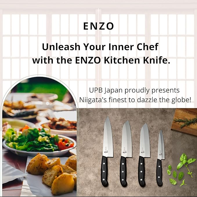 Japanese Chef Knife, 7 inch Gyuto by Enzo, Hand Forged, Tsubame Sanjyo Stainless Steel, Light Weight, Wear/Corrosion Resistance, 11.8 inch Total Length