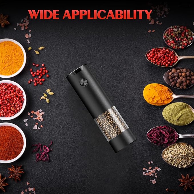 Electric Salt and Pepper Grinder Set Automatic Battery Pepper Mill Shakers Adjustable Coarseness Easy Filling Upgraded Larger Capacity with Led (1 Pack Black)