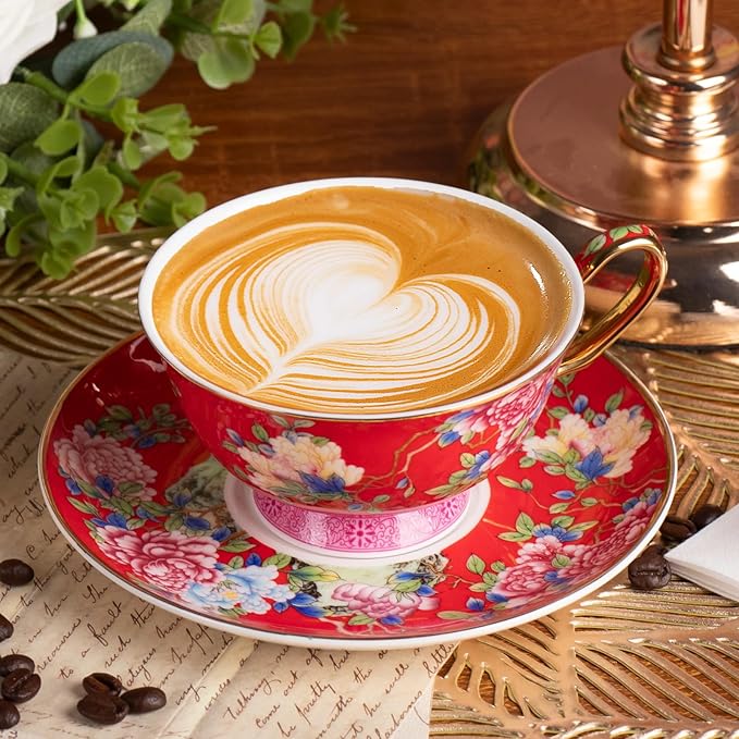 KAMMAK Porcelain Espresso Cups with Saucers, Ceramic Coffee Cups with Saucers Set of 2, 5.64oz Handcrafted Cappuccino Cups, Non-Toxic Durable Vintage Tea Cups Drinkware for Party, Home, Office, Gifts