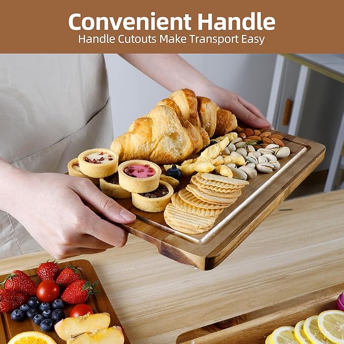Wood Cutting Board Set of 4, Wooden Chopping Boards with Food Icons for Kitchen, Charcuterie Board for Meat, Vegetables, Fruits, Cheese