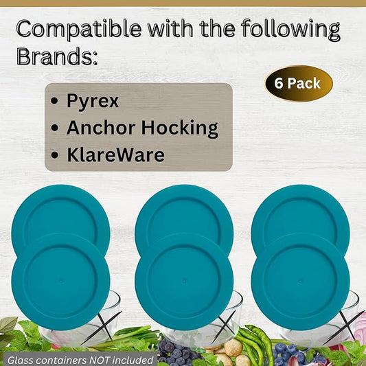 2 Cup/470 mL Turquoise Replacement Lids/Covers for Pyrex 7200-PC, 2 Cup/16oz Anchor Hocking & Klare Ware Storage Bowls *Lids Only* - *Glass Container Not Included* (6 Pack, Turquoise)