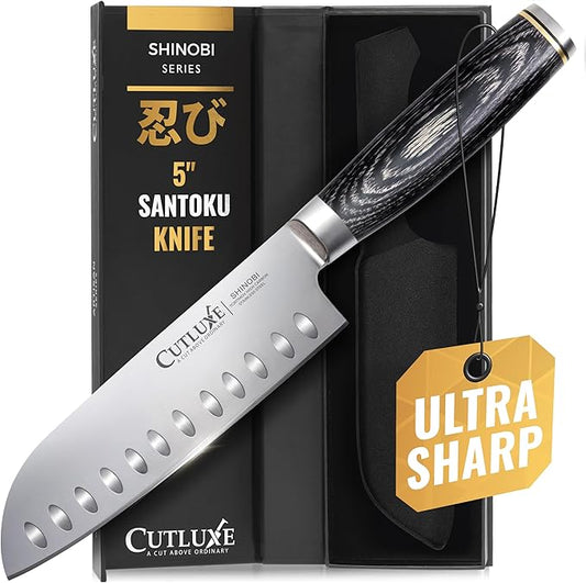 Cutluxe Santoku Knife – Ultra Sharp 5 Inch Vegetable Japanese Knife for Chopping, High Carbon Stainless Steel Blade, Full Tang Pakkawood Handle – Shinobi Series