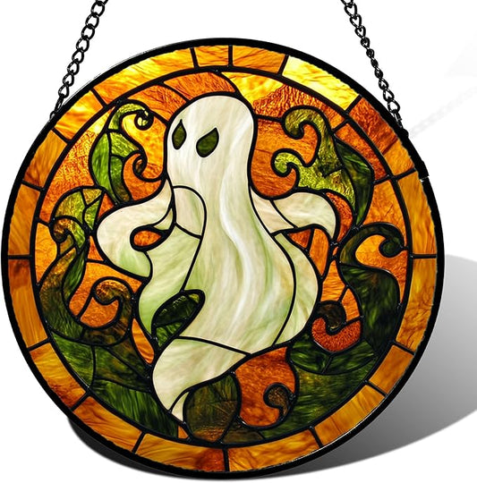 Stained Glass Window Hanging - Halloween Decorations Retro White Ghost Evil Spirit Suncatcher for Doors Garden Spooky Sun Catchers Gothic Decor Horror Gifts for Women Men Friend Boy 15 in