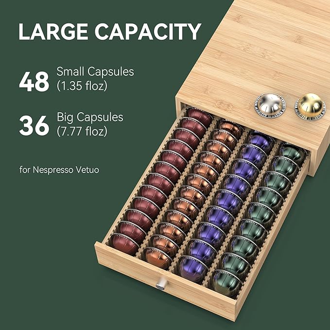 for Nespresso Vertuo Capsules (NV136) - Premium Bamboo Coffee Pod Drawer, 36 Big or 48 Small Vertuoline Pods Organizer - 10.8"Wx14"Dx3.9"H (Natural)