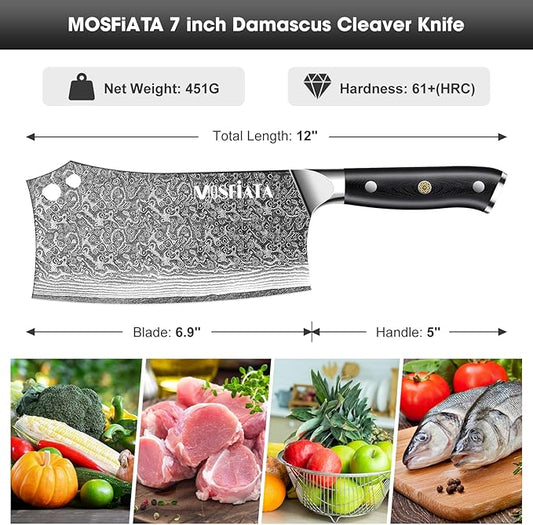 MOSFiATA Damascus 7” Cleaver Knife,Ultra Sharp Vegetable and Meat Butcher Knife with Finger Guard for Home Kitchen and Restaurant
