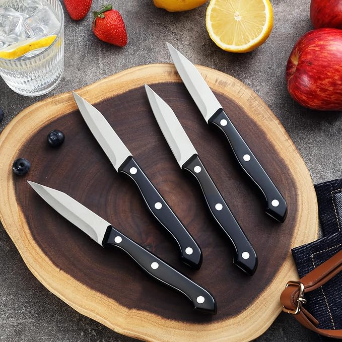 BEWOS 4-Piece Paring Knife Set - Paring Knives with Ergonomic Handle, 3.5 Inch Triple Rivet Paring Knives, Stainless Steel/Black Parers for Vegetable, Fruit & Kitchen Use