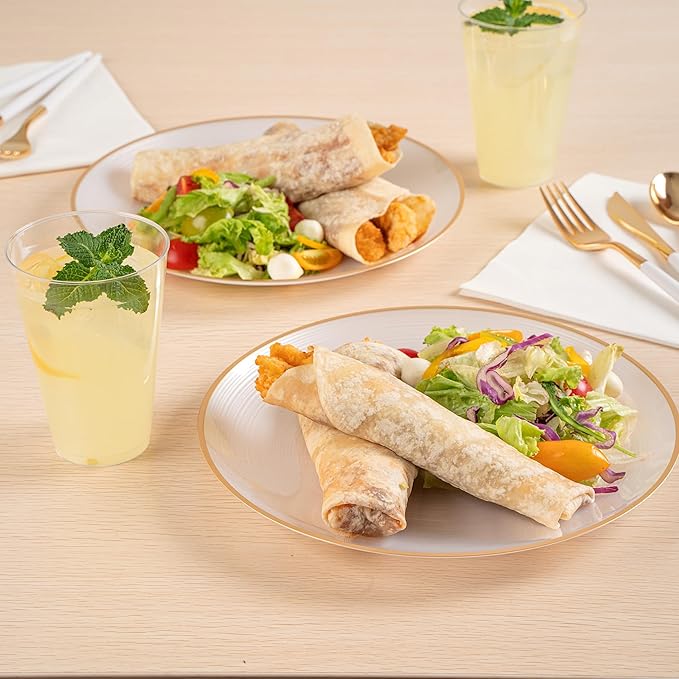 Restaurantware Plastic Plates 20 Pcs 10" Gold Rimmed Disposable Plates Heavy-Duty White Translucent Rippled Plastic Dinner Servers for Party, Weddings, Salads, Desserts, and Appetizers