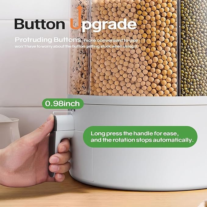 Grain and Rice Storage Container, 6 Grid Grain Dispenser, 360° Rotating 25lb Large Food Dispenser, Rice Dispenser Upgrade 6 Compartment Rotating, Airtight Storage White