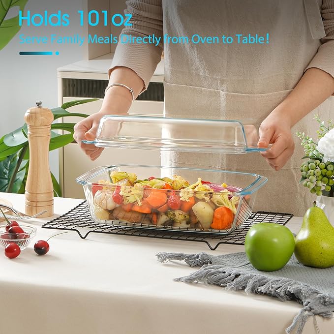 NUTRIUPS 3.0L Large Glass Baking Dish, Rectangular Glass Casserole Dish With Lid, Deep Bakeware for Oven Safe