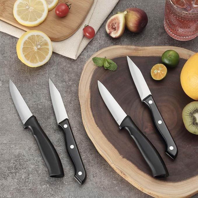 BEWOS 4-Piece Paring Knife Set - Paring Knives with Ergonomic Handle, 3.5 Inch Triple Rivet Paring Knives, Stainless Steel/Black Parers for Vegetable, Fruit & Kitchen Use