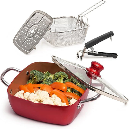 Moss & Stone 5 Pcs Red Copper Chef Cookware Non Stick Deep Frying Pan, Fry Basket, Steamer Rack, Dishwasher & Oven Safe, 5 Qt Deep Square Pan, Induction Copper Cookware Set - 9.5" x 3.5"