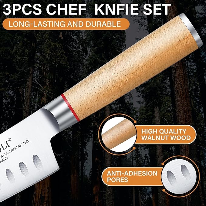 TIVOLI Chef Knife Set, 3 PCS Professional Kitchen Knife Set, High Carbon German Stainless Steel Blades with Ergonomic Wooden Handles, Elegant Gift Box