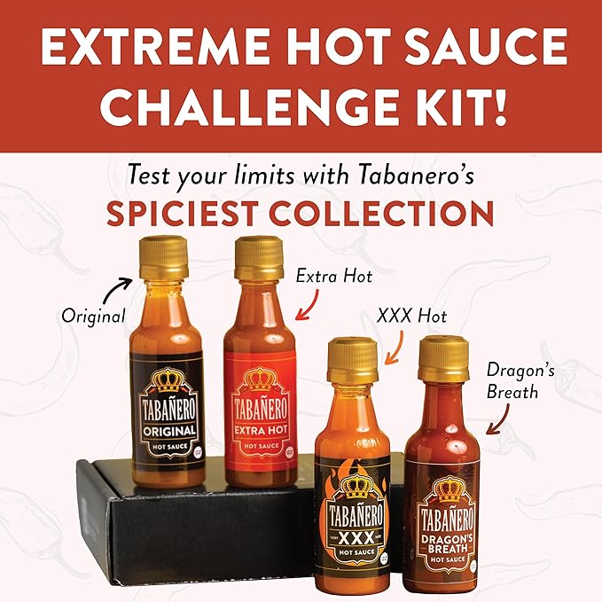 Tabañero Challenge Box, Hot Sauce Gift Set, 4 Pack, Original, Extra, XXX Hot and Dragon's Breath, 1.7 oz Mini Glass Bottles, Gluten Free, All Natural, Low Sodium, Vegan, Kosher, Made in the USA